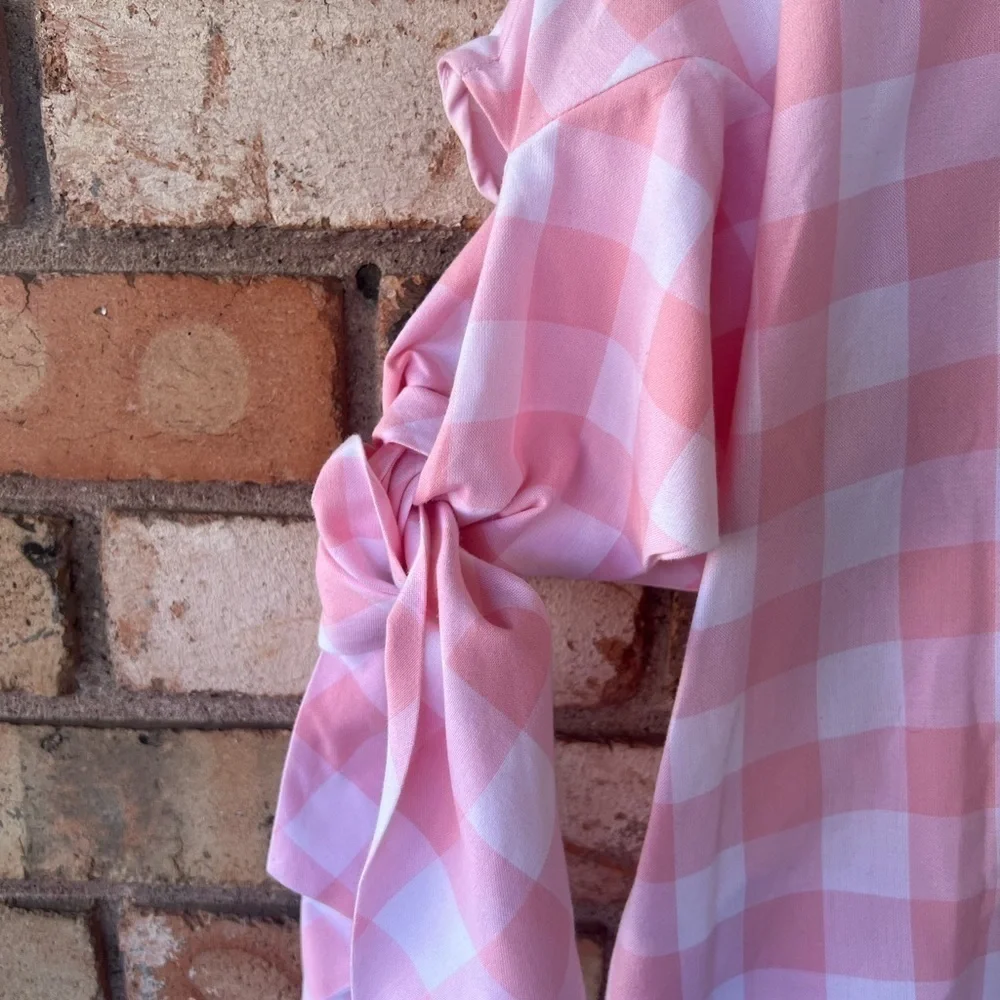 Tish Cox Peter Pan Collar Tie Sleeve Pink White Checkered Blouse